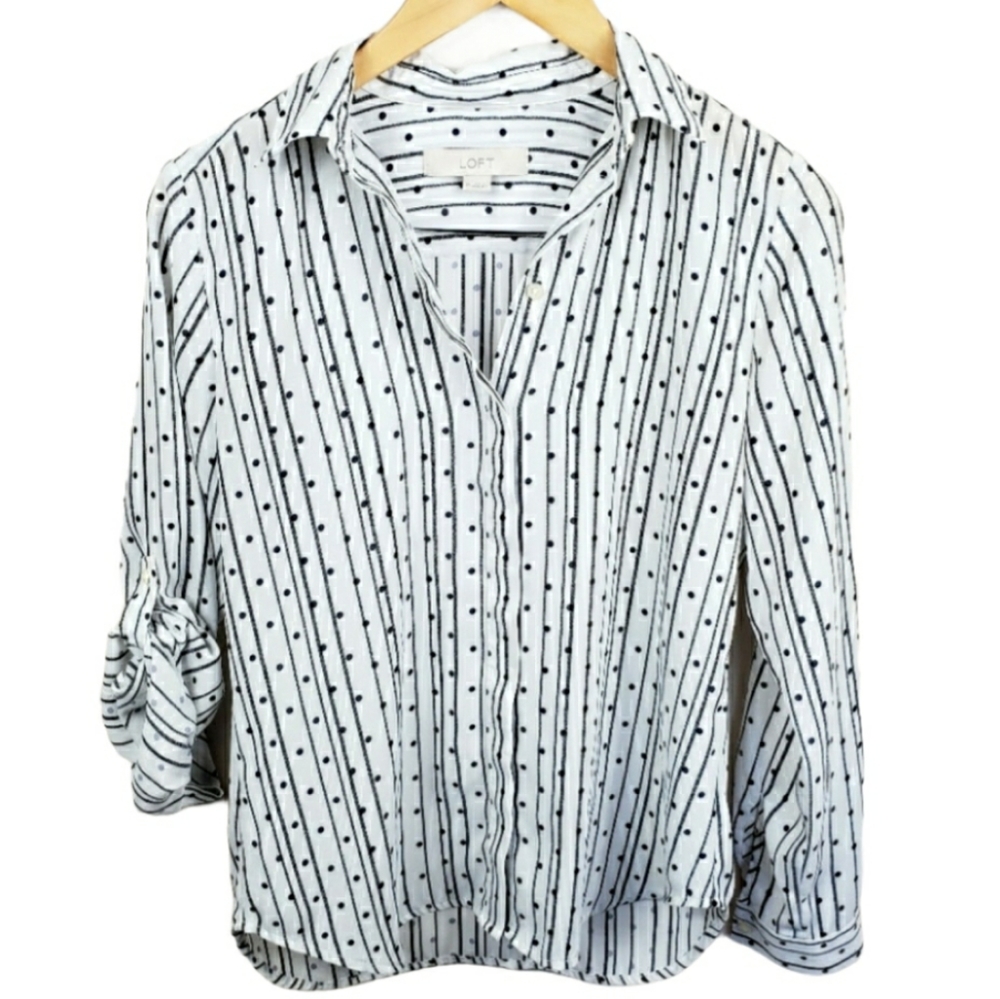 LOFT Polka Dot Striped White Black Button Down Top